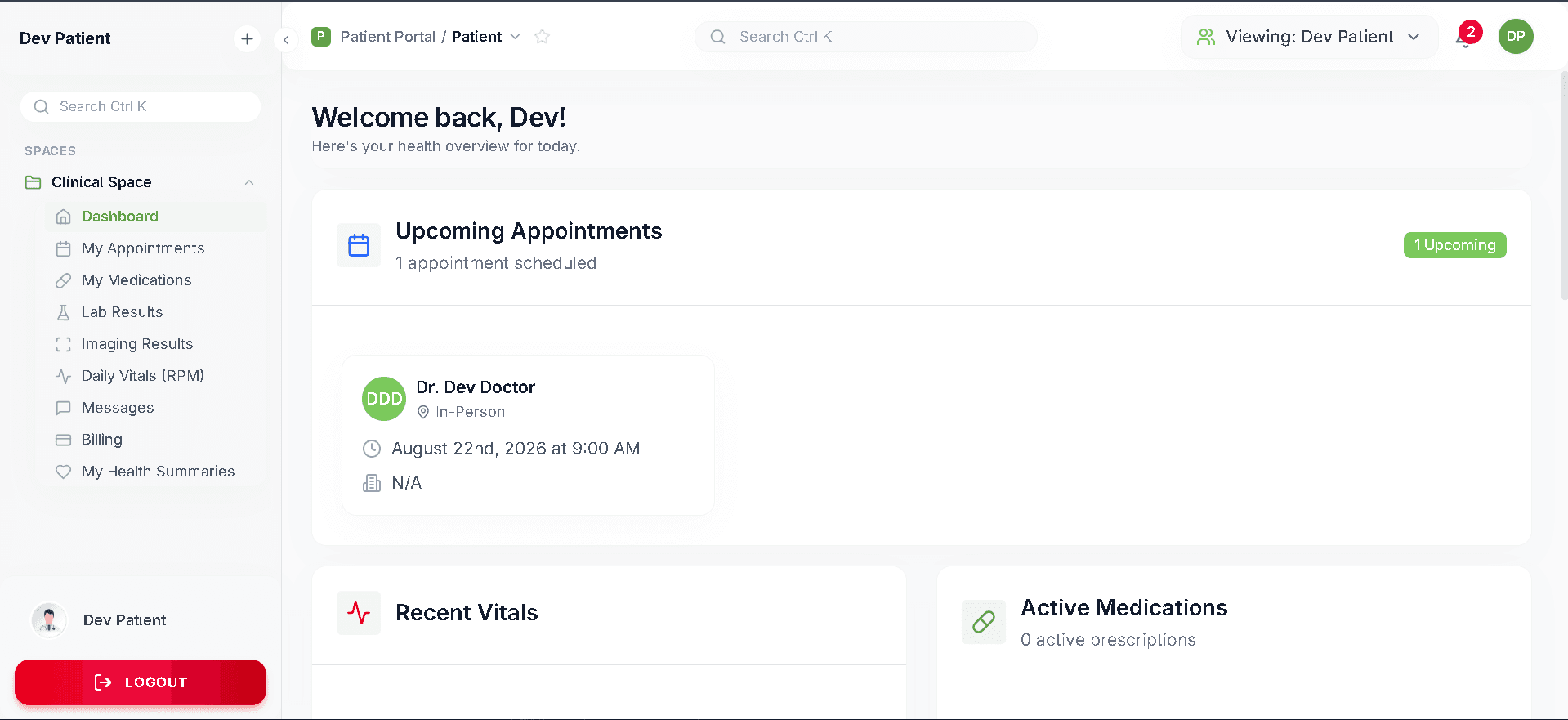 Patient portal software dashboard showing upcoming appointments, recent vitals, and active medications