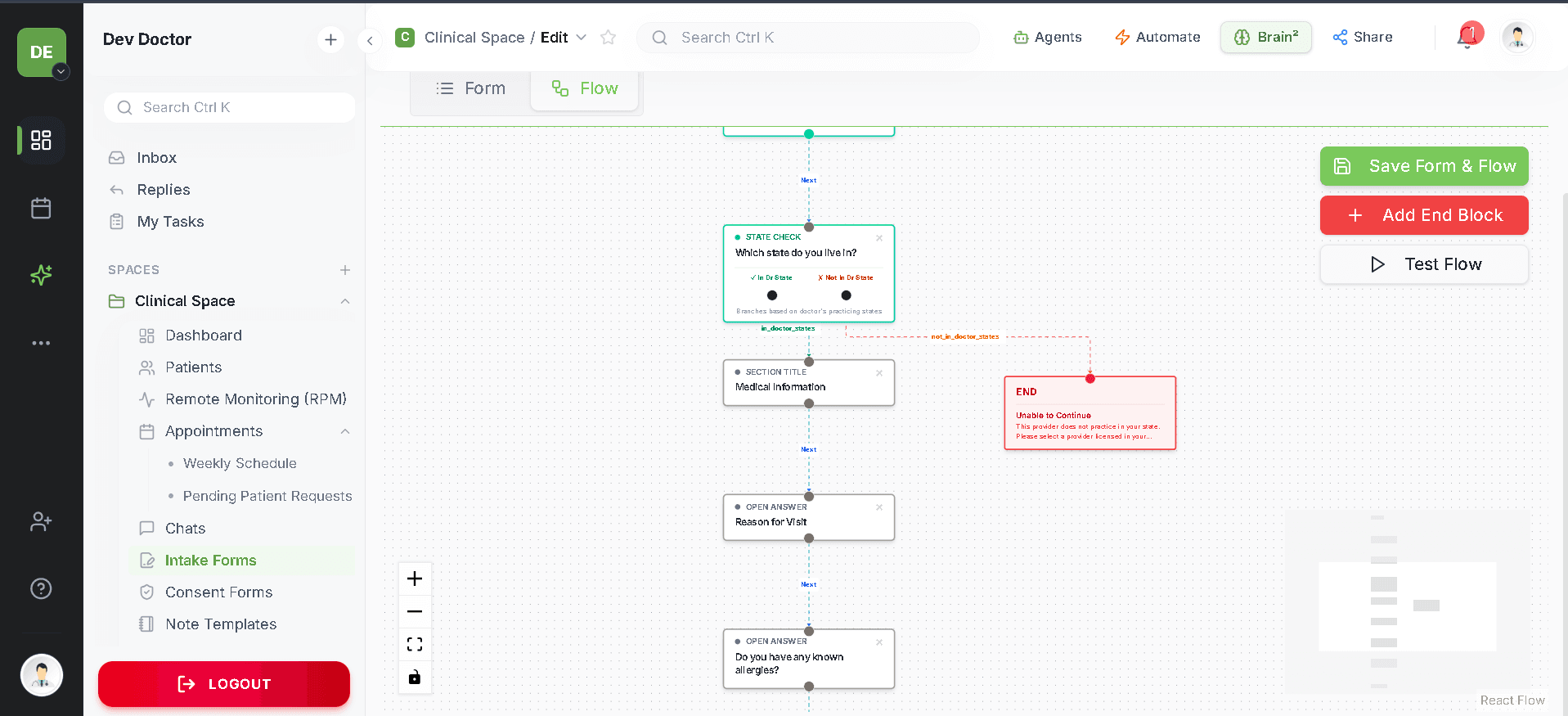 Digital patient intake form builder showing conditional logic branching a patient by state of residence